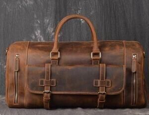 Distressed Leather Travel Weekender Duffle Bag 25” Monogram JH